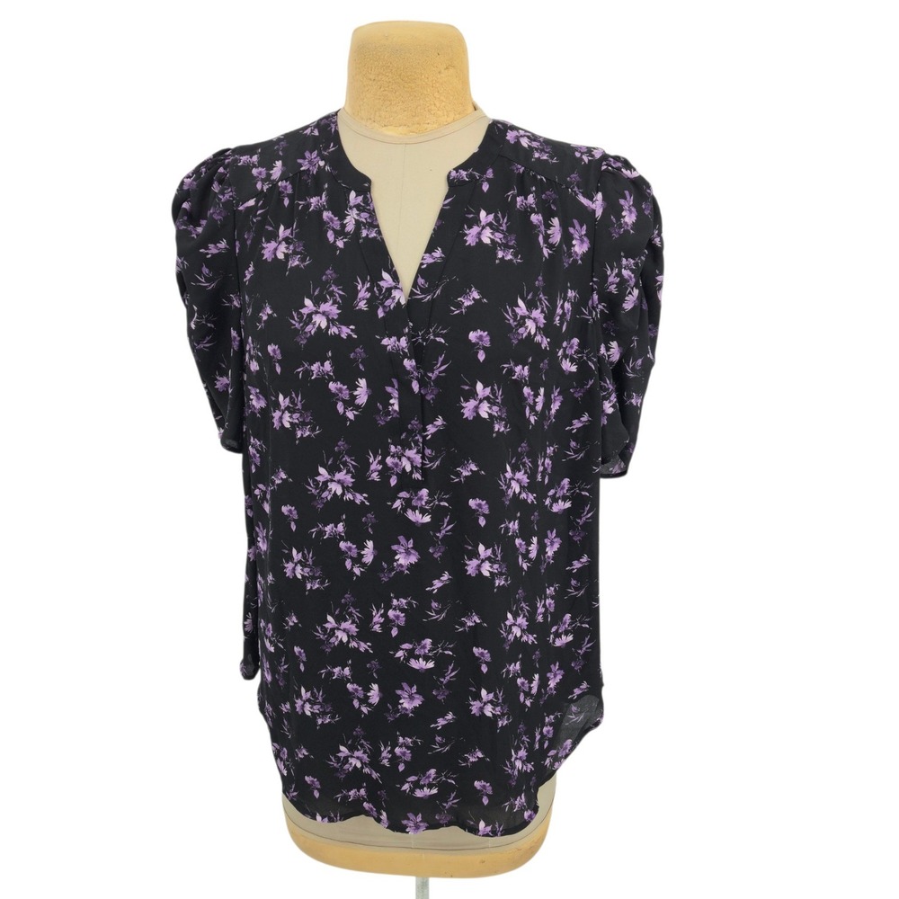 Torrid Blouse Women Size 2 Black Purple Floral Puff Sleeve V-Neck Pullover